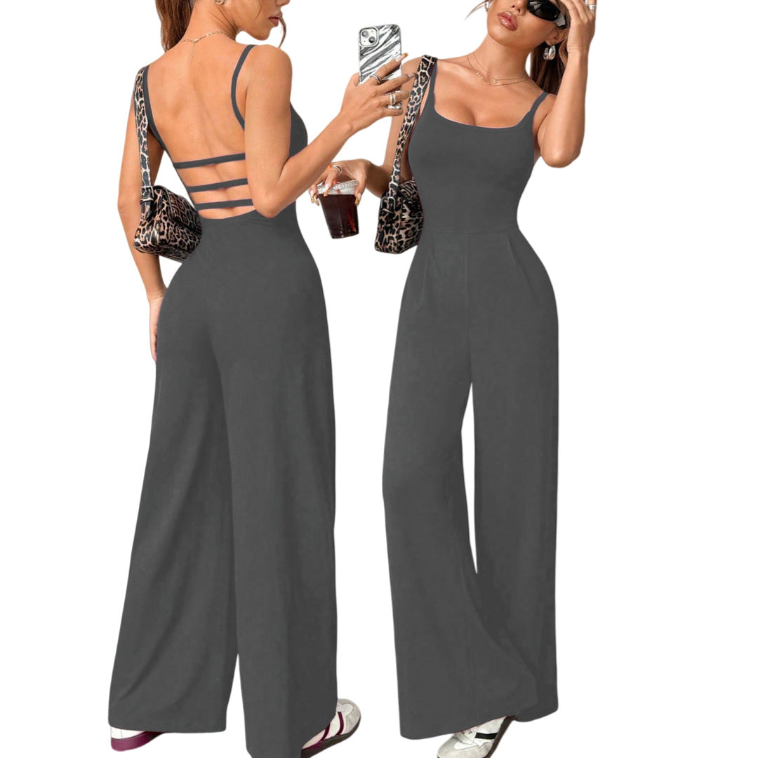 Women's Solid Color Loose Summer Strap Jumpsuit