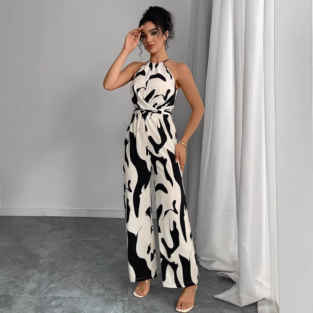 Milk-Stripe Halter-Neck Wide-Leg Jumpsuit