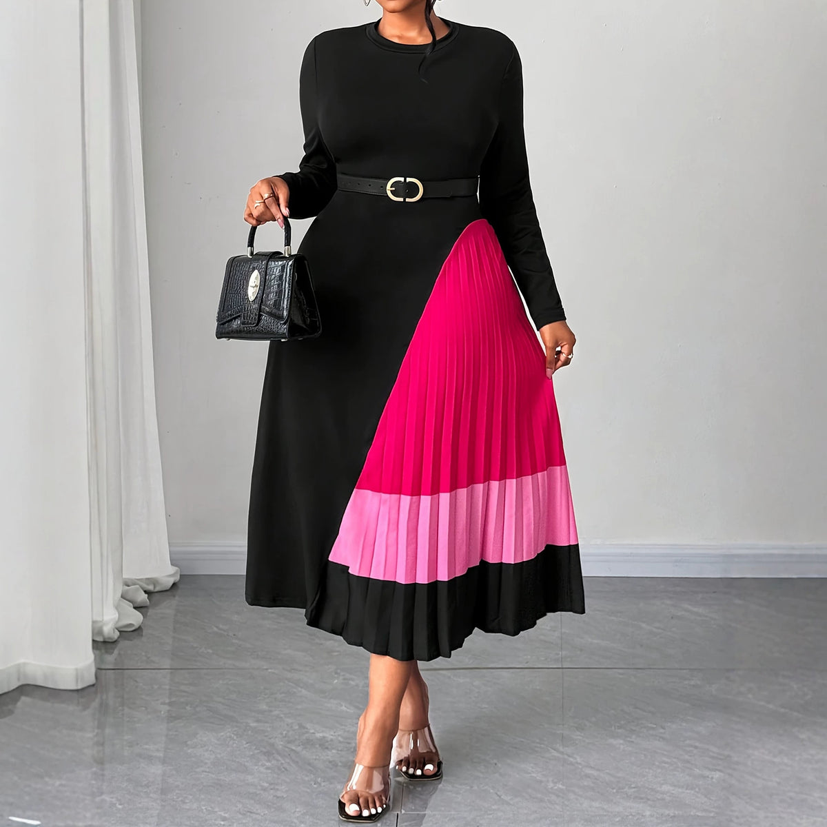 Elegant Round-neck Long-sleeved Midi Dress with Contrasting Colors