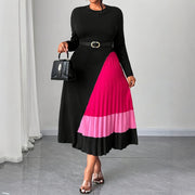 Elegant Round-neck Long-sleeved Midi Dress with Contrasting Colors