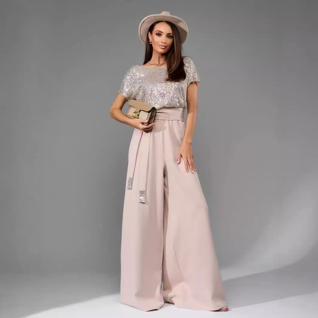 Glitter Sequin Short Sleeve Casual Jumpsuit