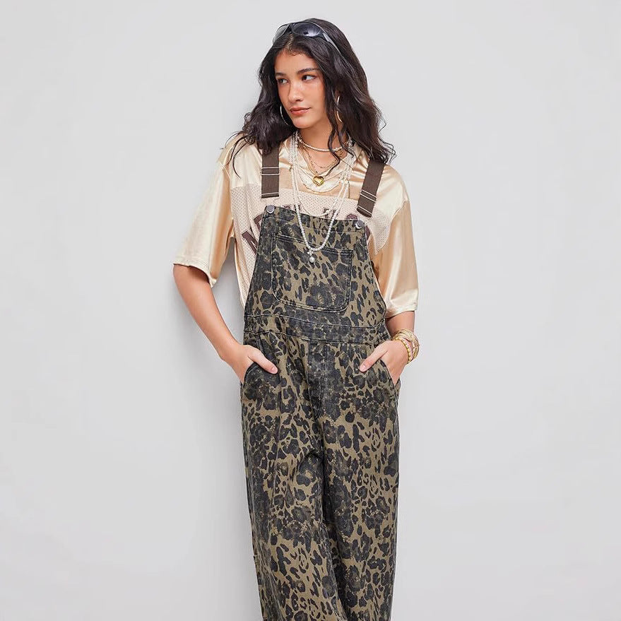 Retro Leopard Print Overalls Streetwear Romper