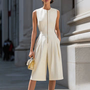Solid-color Zip-front Crew-neck Sleeveless Wide-leg Jumpsuit