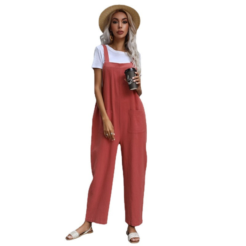 European And American Style Casual Simple Pocketed Sleeveless Suspender Jumpsuit