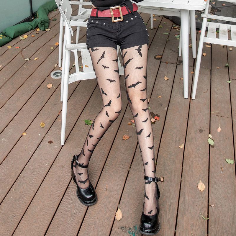 Black Punk Bat Print Opaque Jumpsuit Stockings