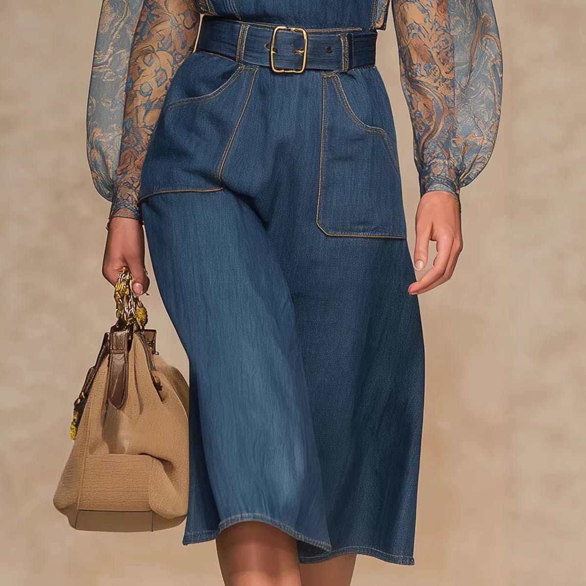 Women's Blue Denim Jumpsuit High Waist Loose Fit with Pockets