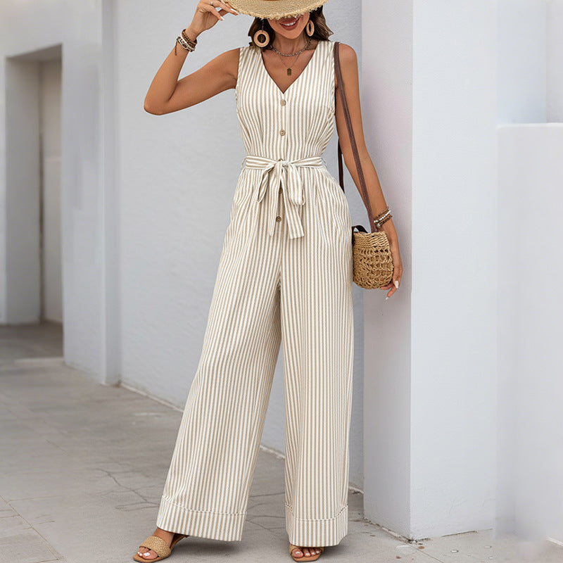 Women's Casual V-Neck Striped Sleeveless Jumpsuit