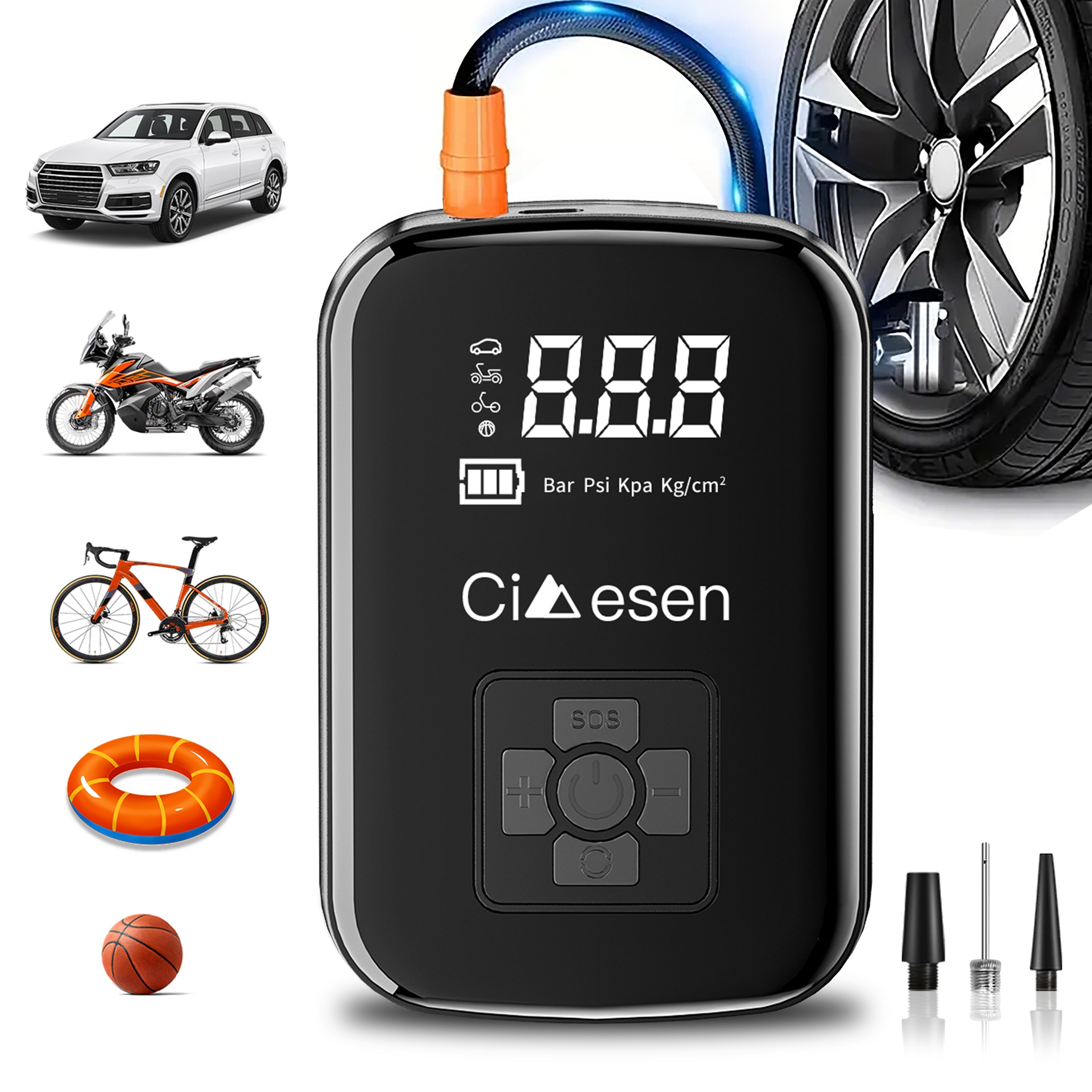 Portable Cordless Tire Inflator with Digital Display and Multi-Nozzle Adapter