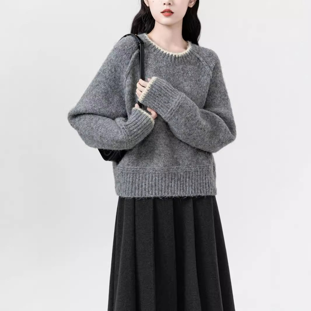 Women's Round Neck Color Block Pullover Knit Sweater