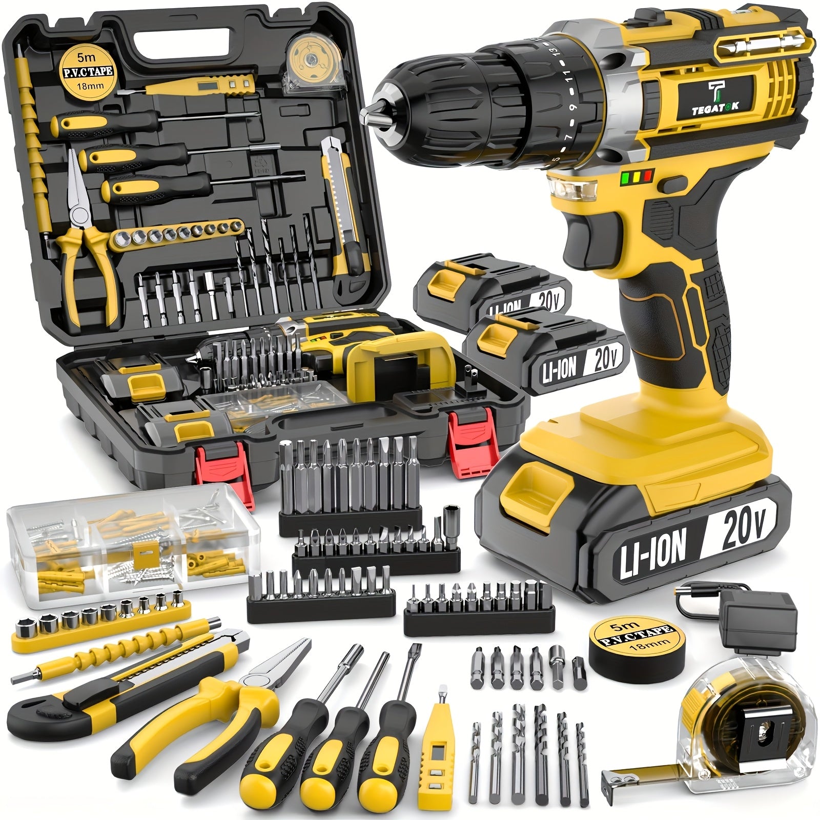 20V Cordless Drill Set – 30/88/136/148 Piece Toolbox Including Battery, Charger, Drill, Pliers, Bits – Ideal for Construction and Home Improvement