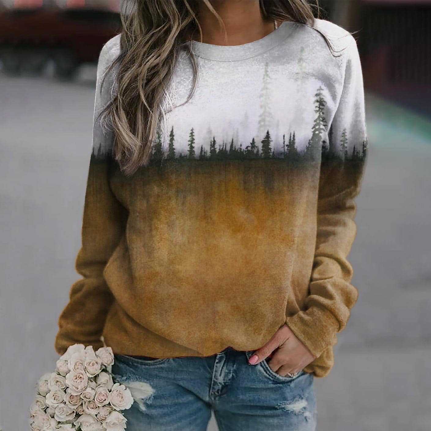Women's Pine Print Crew Neck Casual Sweatshirt