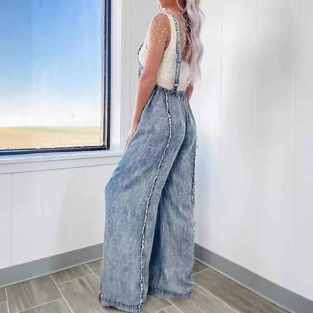 Retro Washed Raw Edge Denim Wide-leg Suspender Jumpsuit
