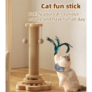 1pcs Cat Scratching Post, 4 In 1 Wooden Cat Scratching Post Toy, 15.7 High Scratching Post, Level 2 Cat Track Ball, Interactive Cat Feather Toy And 2 Sisal Hanging Ball, Suitable For Indoor Kittens,
