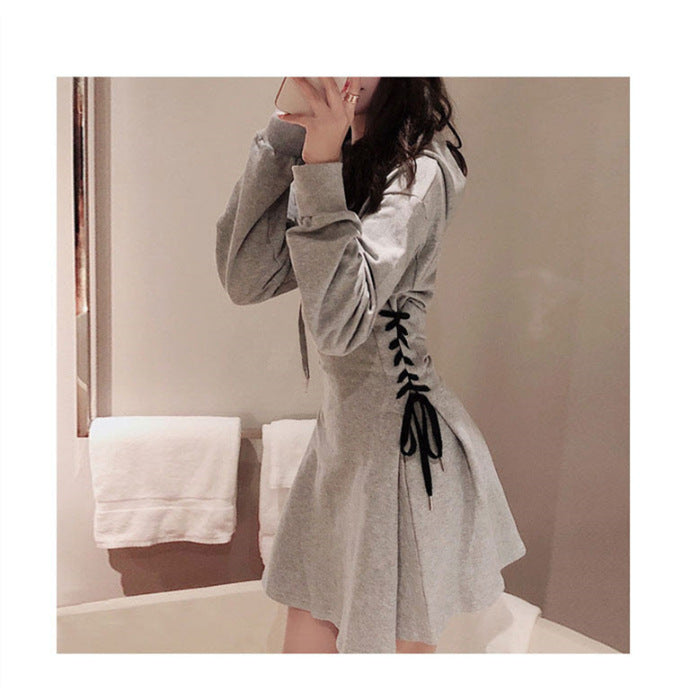 Fitted-waist Belted Long-sleeved Hooded Sweatshirt Dress for Women in a Laid-back Style