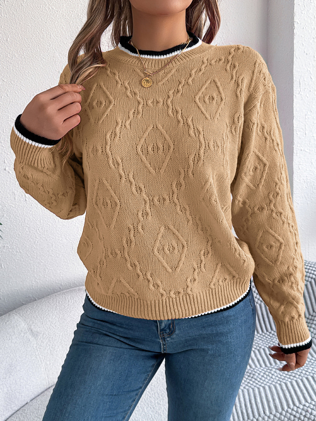 Women Casual Color Block Cable Knit Long Sleeve Pullover Sweater