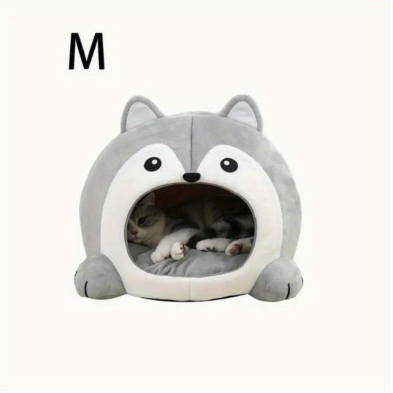 Heated Cat House & Dog Bed - Soft Pet House With Open Entrance Tunnel, Cozy Round Bed - Warm Lounger Pad & Sleeping Tent - Cute Grey & White Design With Paw Print - Durable Nylon Construction For C...