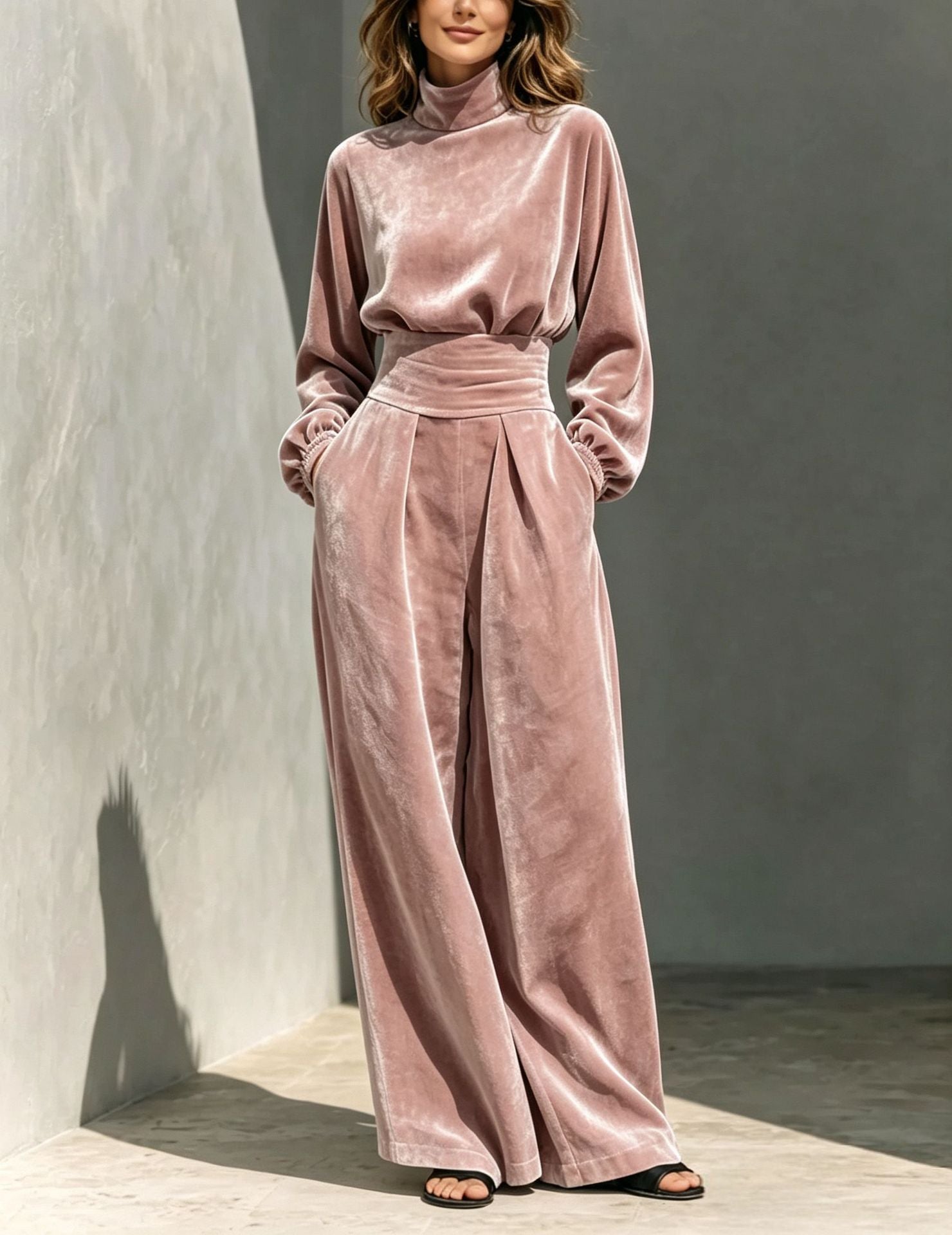 Velvet Turtleneck Belted Wide-Leg Jumpsuit