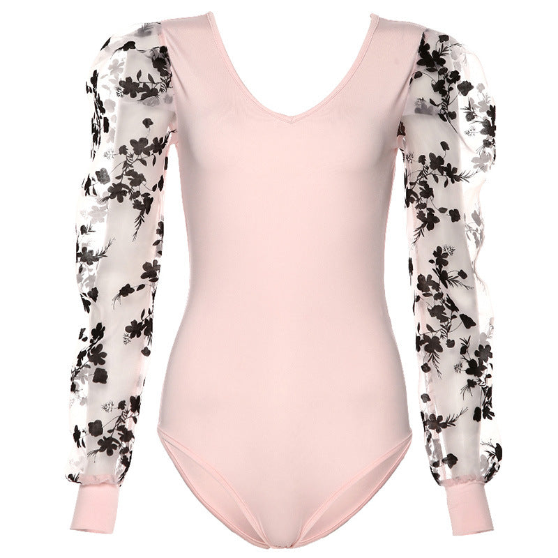 Women's mesh embroidered long-sleeved slim V-neck jumpsuit