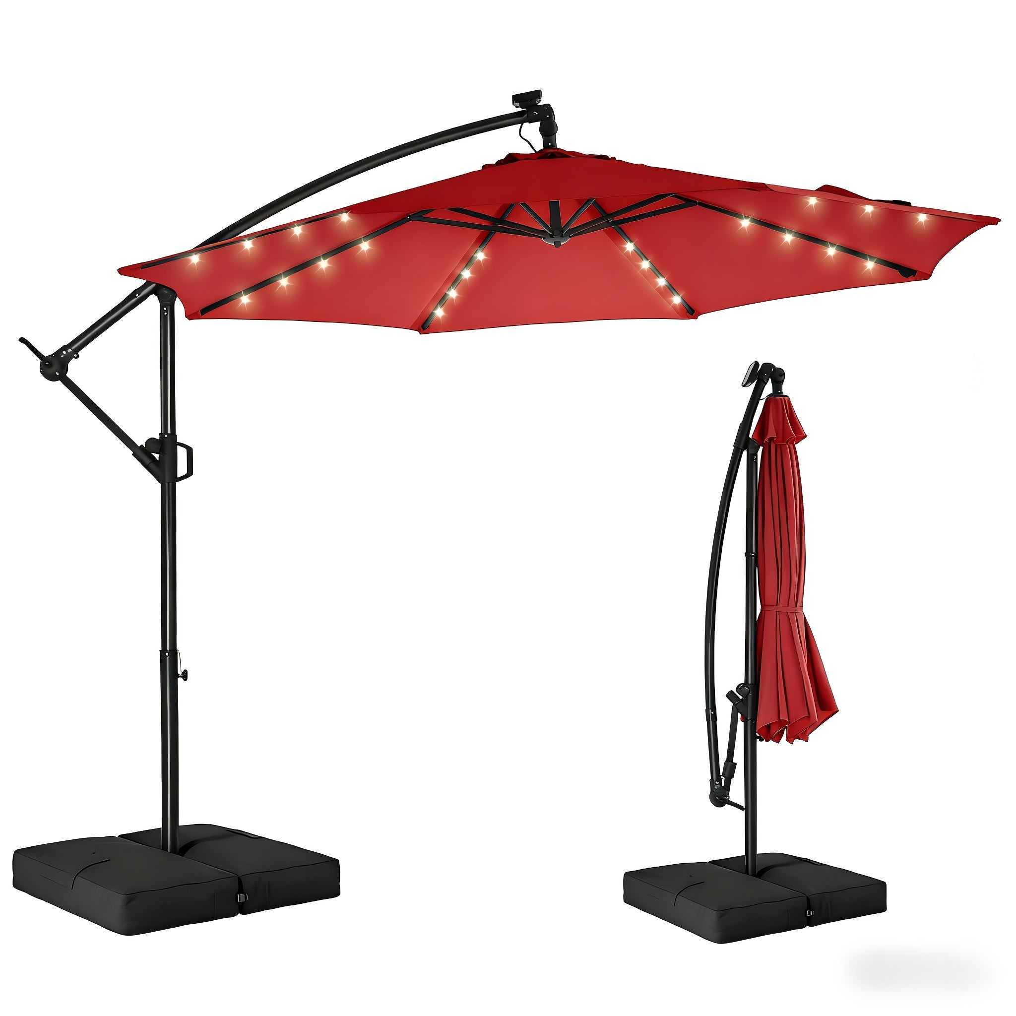 [With Light And Base]10ft Solar Lights Offset Cantilever Patio Umbrella Sun Shade, LED Solar Lighted Offset Hanging Patio Outdoor Market Umbrella, UPF50+ UV Protection With Easy Tilt And Crank, For Gardens, Decks, Backyards And Poolside.
