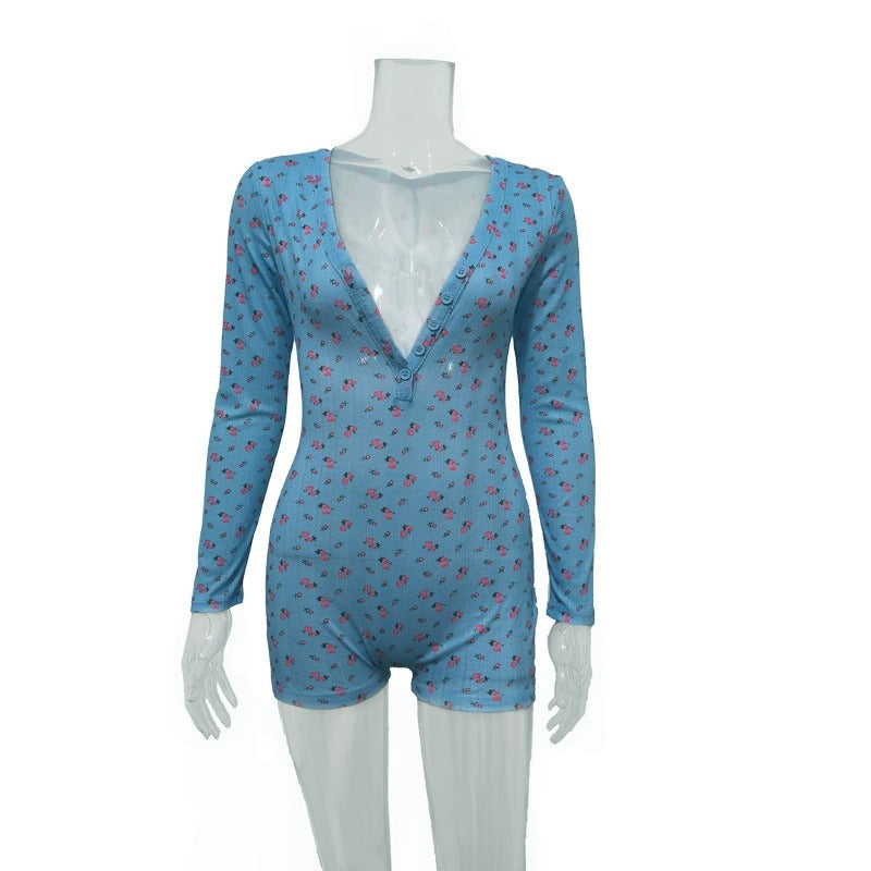 Floral Print Long-Sleeve Casual Jumpsuit