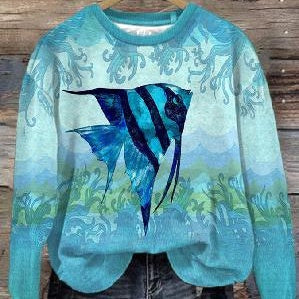 Trendy Digital Print Drop-Shoulder Long-Sleeve Sweater