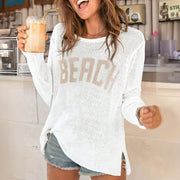Chic Lettered Long‑Sleeve Crew Neck Tee – Breathable Resort Style