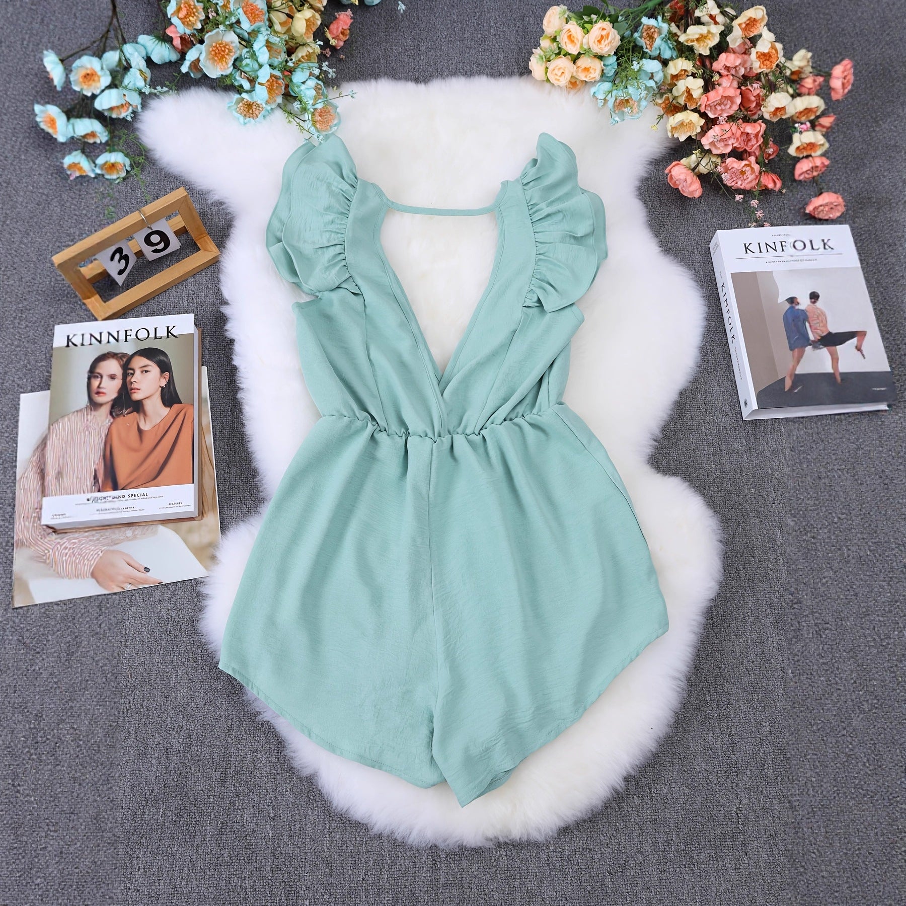 Fashionable Ruffled Deep V-Neck Backless Jumpsuit For Women