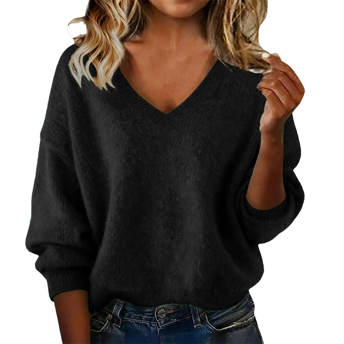Women's New Autumn & Winter Solid Color V-neck Long Sleeve Knit Sweater, Loose Casual Tops