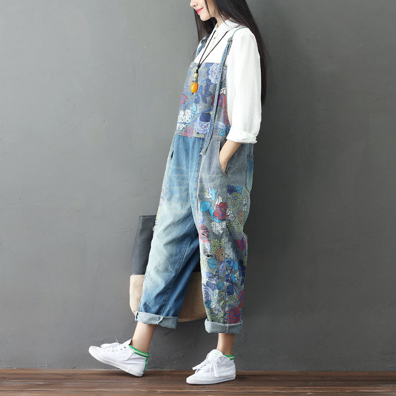 Plus Size Denim Overalls with Unique Print and Bib