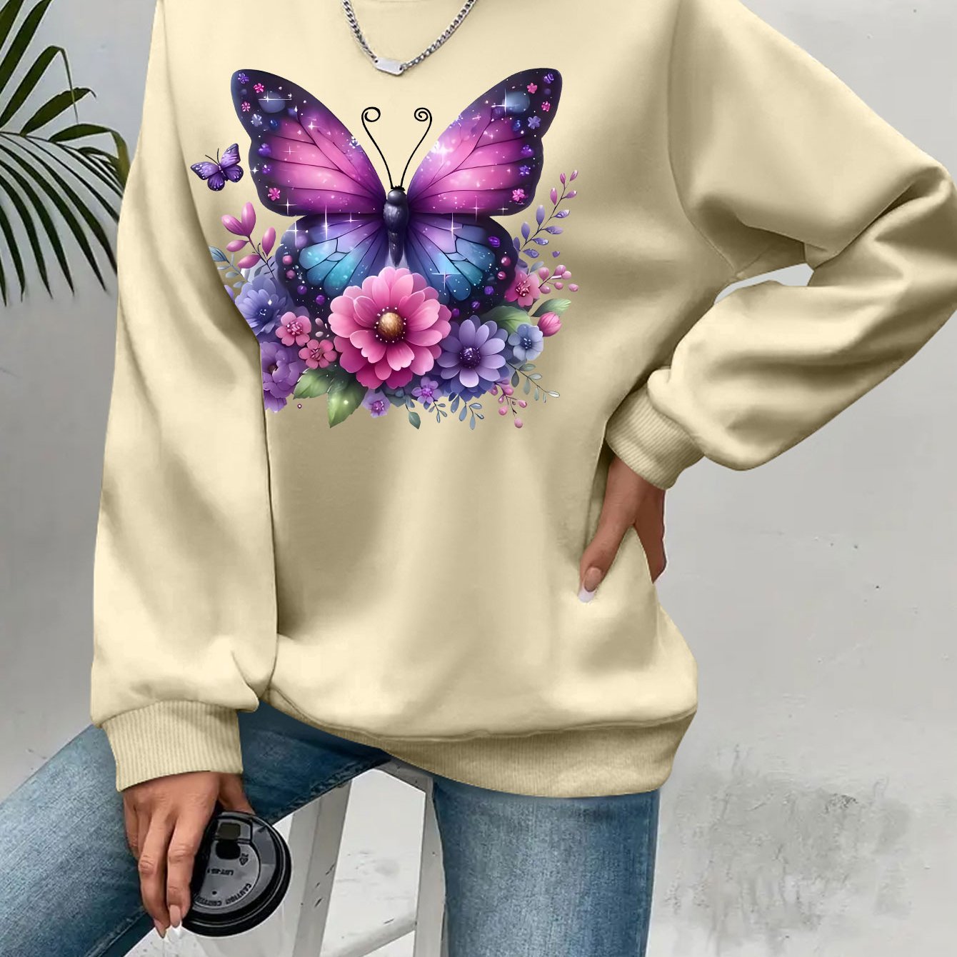 Plus Size Soft Purple‑Blue Butterfly Floral Print Long Sleeve Round Neck Sweatshirt