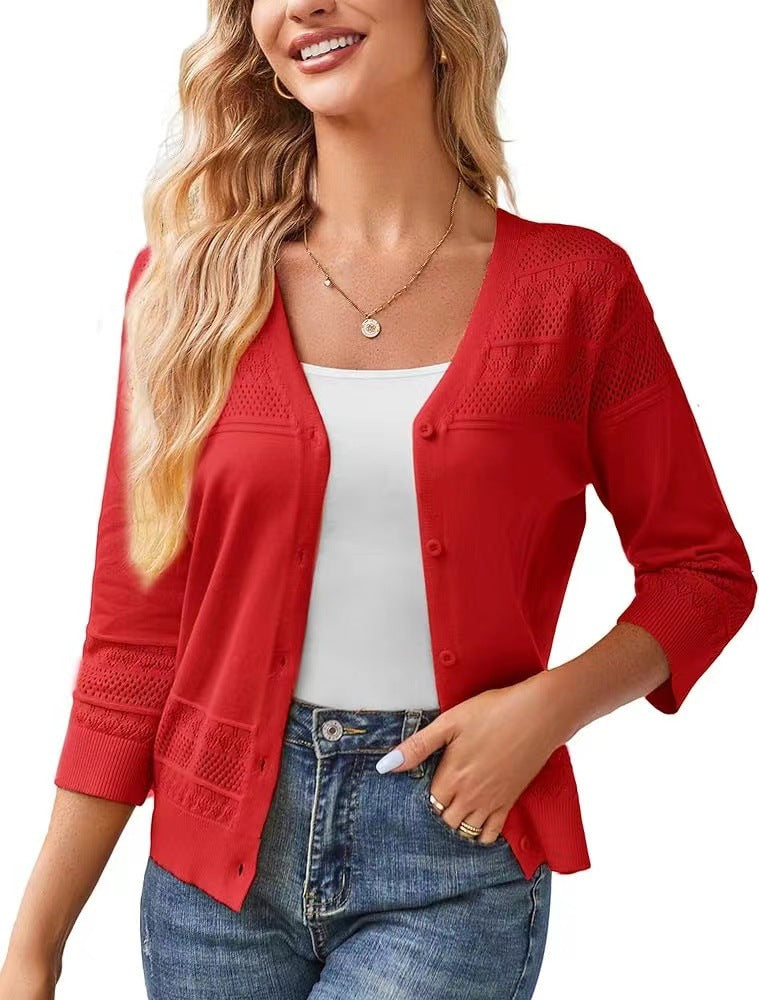 V-neck Cropped Outerwear Hollow-out Knit Cardigan