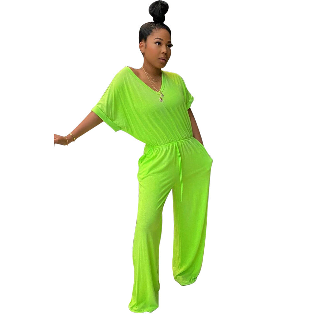 Women's Casual V-Neck Loose Solid Color Jumpsuit