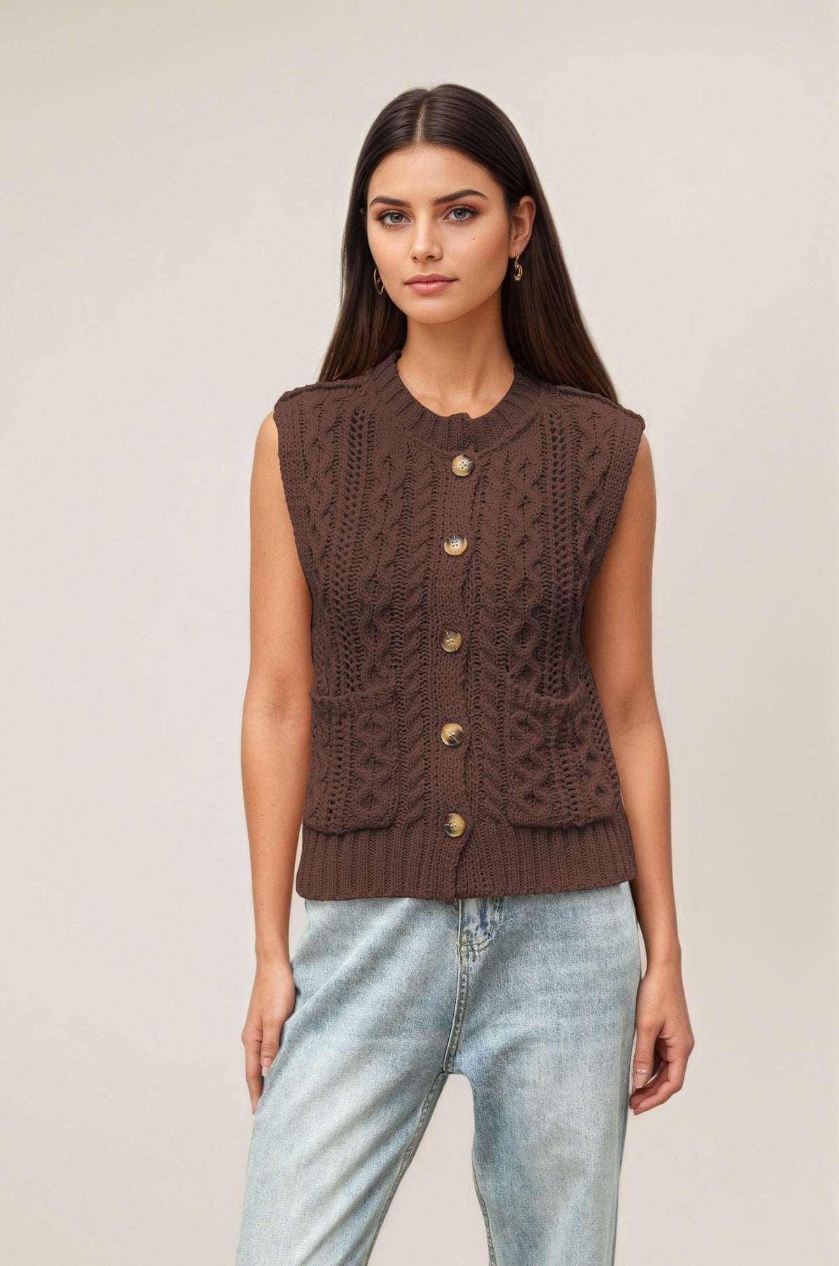New Arrival Womens Crew-neck Pocketed Sleeveless Cardigan Knitted Vest