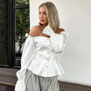 White Satin Off-Shoulder Lantern Sleeve Cropped Blouse – Elegant & Trendy