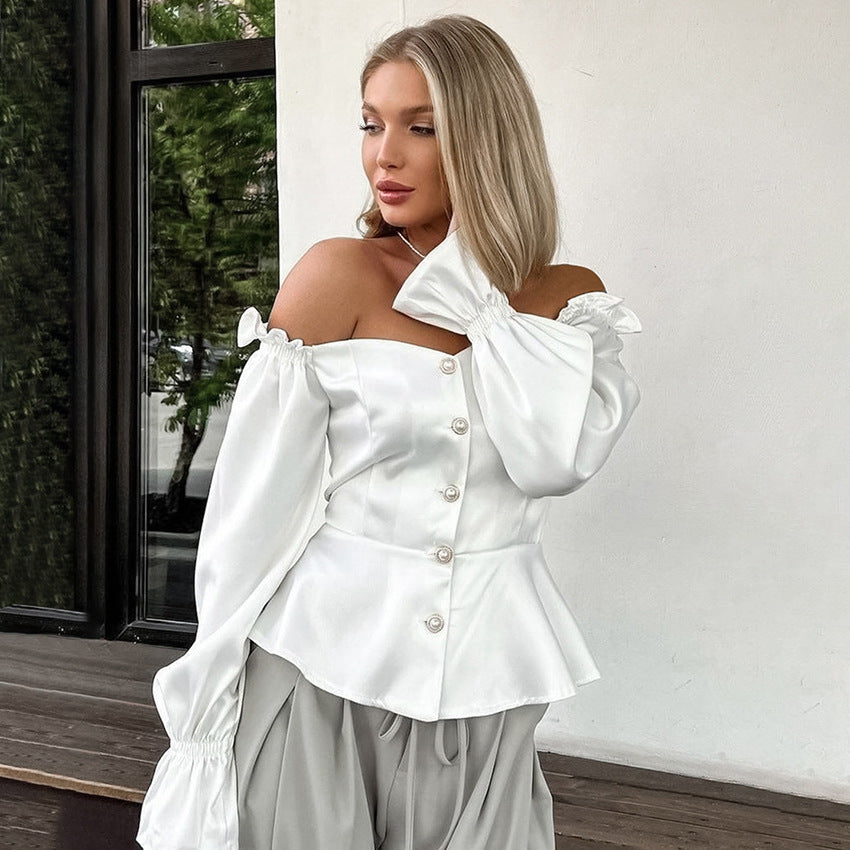 White Satin Off-Shoulder Lantern Sleeve Cropped Blouse – Elegant & Trendy