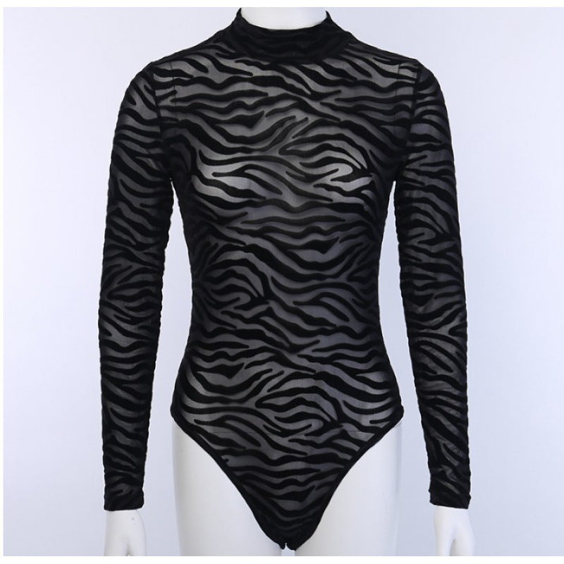 Sexy Black Slim Fit Long-Sleeved T-Shirt With Mesh Thin Base