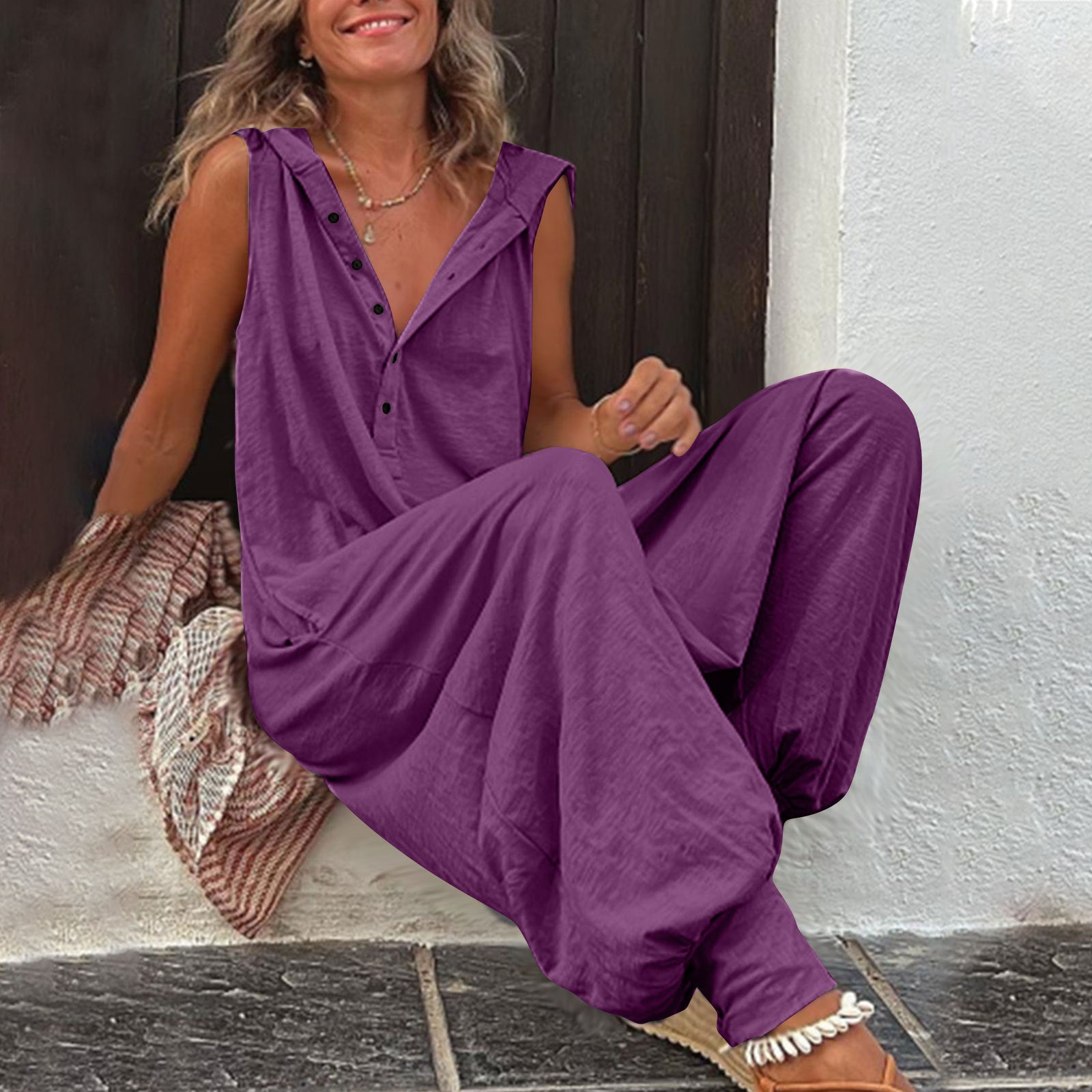 Buttoned Hooded Sleeveless Pants For Women