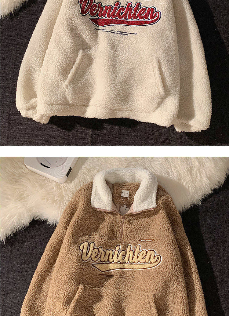 Cozy Retro Half-Zip Lambswool Hoodie with Embroidery