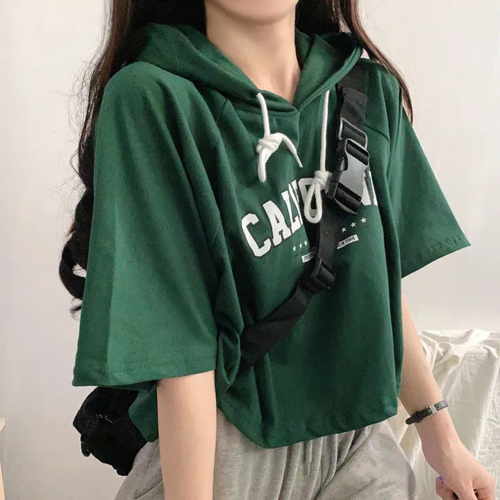 Casual Letter Print Short Sleeve Hooded Tee