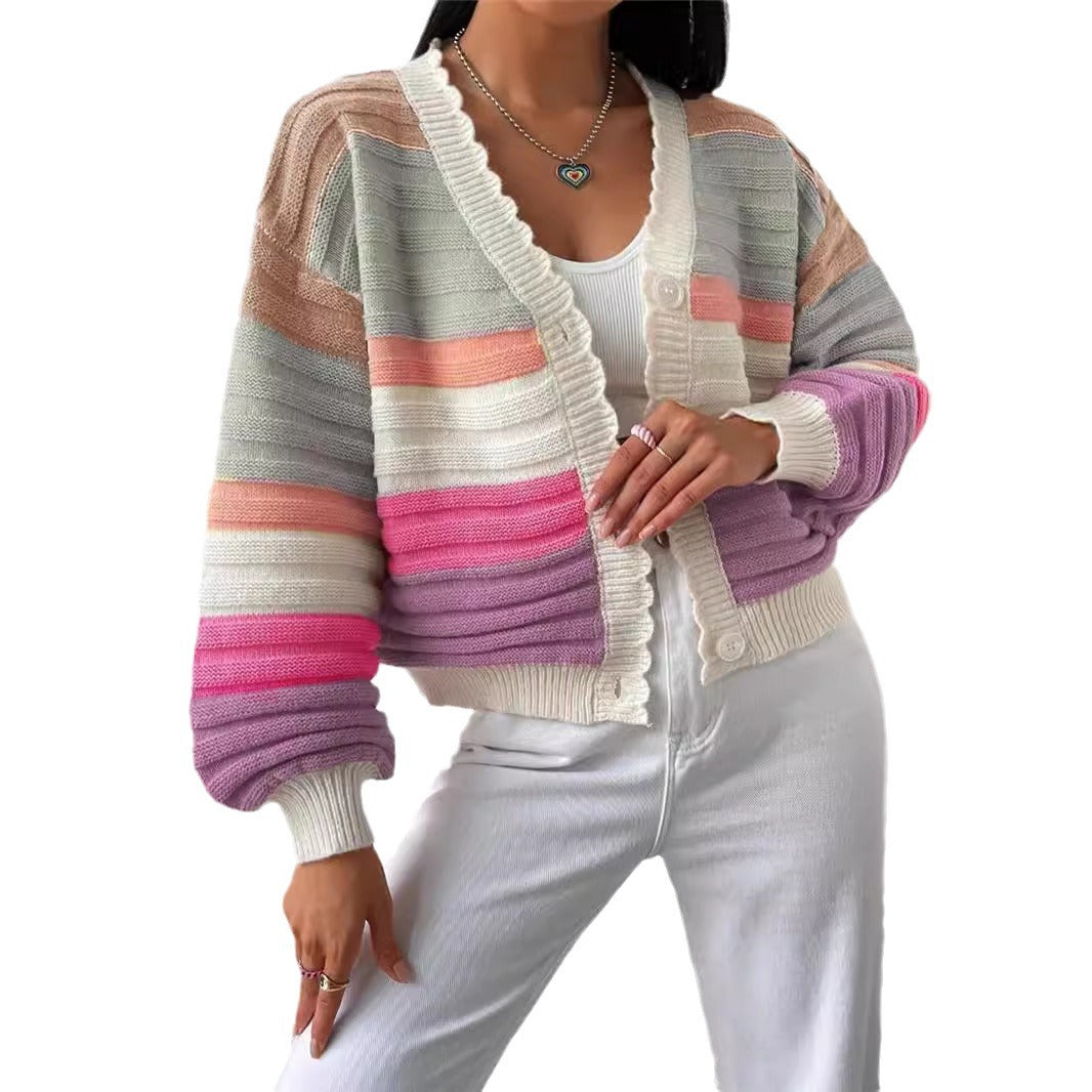 Knitted Cardigan Colorblock Sweater Coat Women's Rainbow Striped Lantern Sleeve