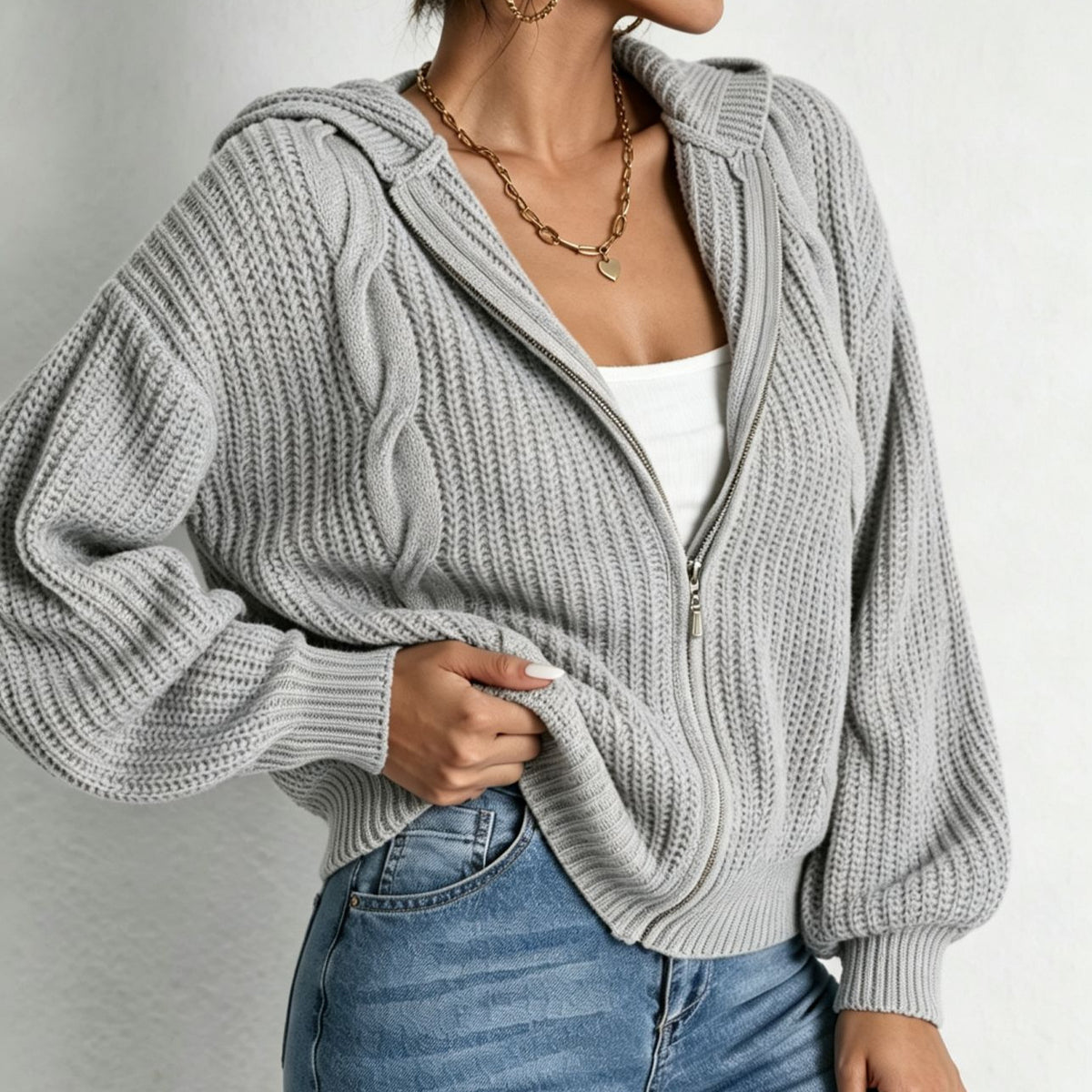 Autumn Womens Fallwinter Hooded Sweater Cardigan Solid-color Knitted Outerwear Top
