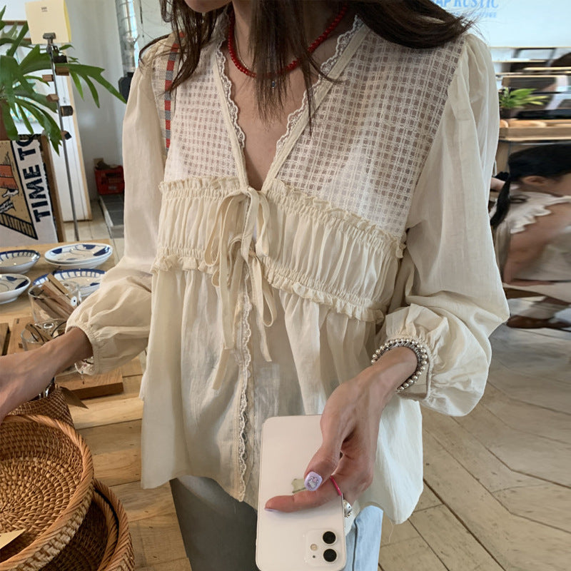 New Retro Elegant V-neck Mesh Wooden Ear Stitching Tied Loose All-matching Shirt Women