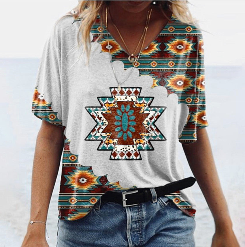 Retro 3D Print V-Neck Tee Casual Vintage Women's Top