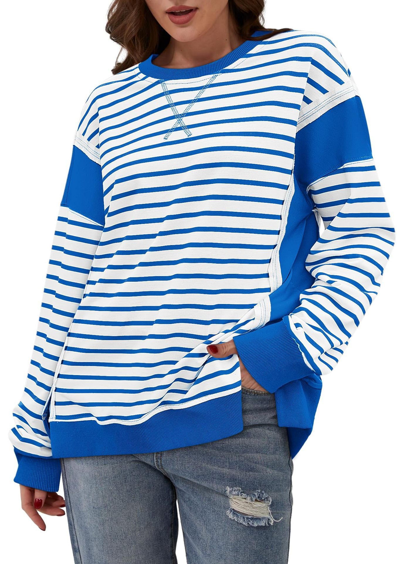 Colorblock Striped Long Sleeve Casual Pullover Sweatshirt