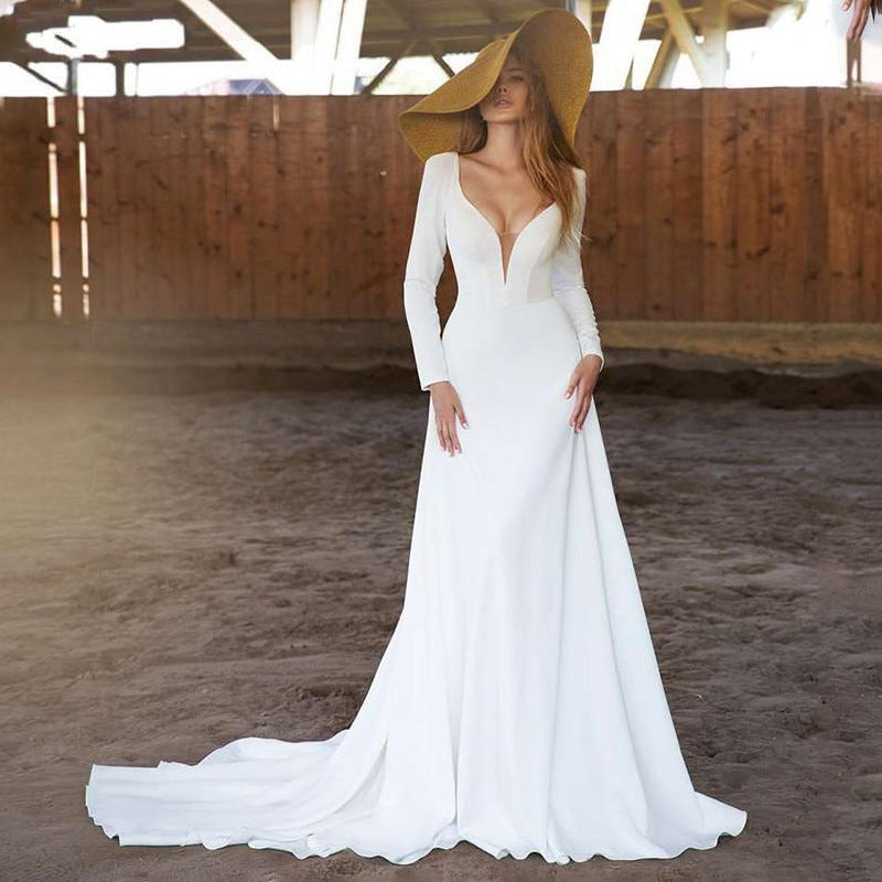 Elegant Deep-V Satin Long-Sleeve Wedding Dress