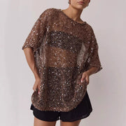 Flirty Sheer Mesh Sequin Blouse – Effortless Party Dress Shirt