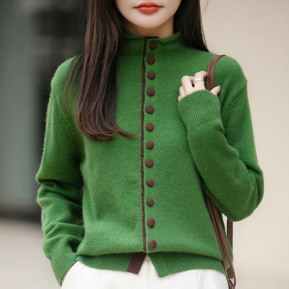 Old Money Style Color-block Knitted Cardigan Womens Chic Contrasting Color Sweater Coat