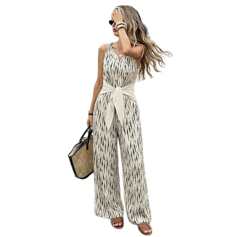Strap V-neck Sexy Loose High-waist Jumpsuit