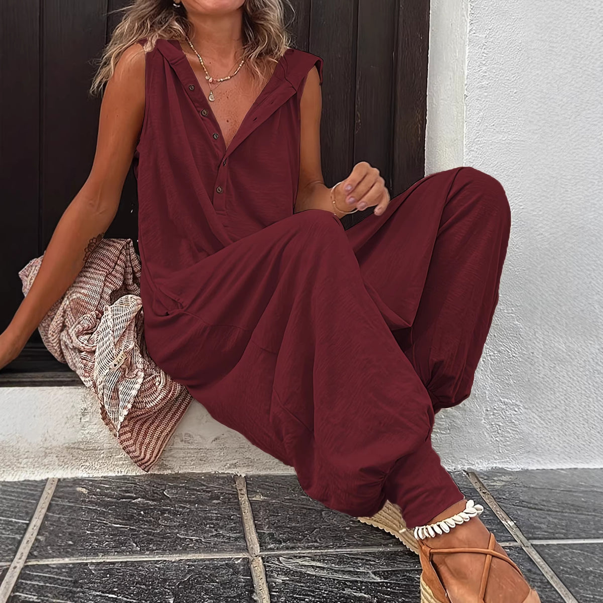 Women's Casual Hooded Jumpsuit with Drawstring Cuffs