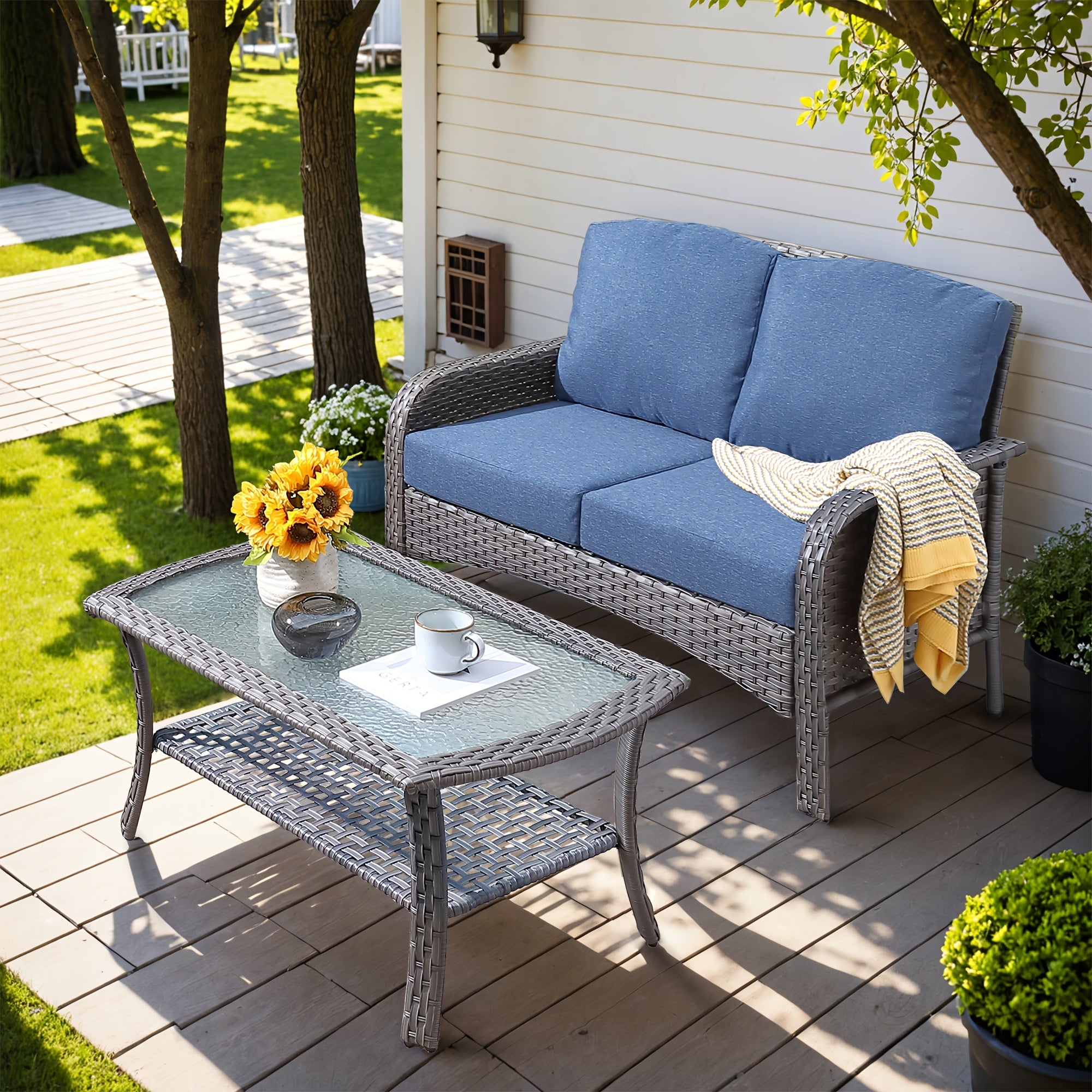 Outdoor Wicker Furniture Collection: Loveseat, Swivel Rocking Chairs, Patio Chairs, Rectangular Table, And Optional Side Table. Made with PE Rattan, Suitable for Patio, Backyard, Pool, Or Garden